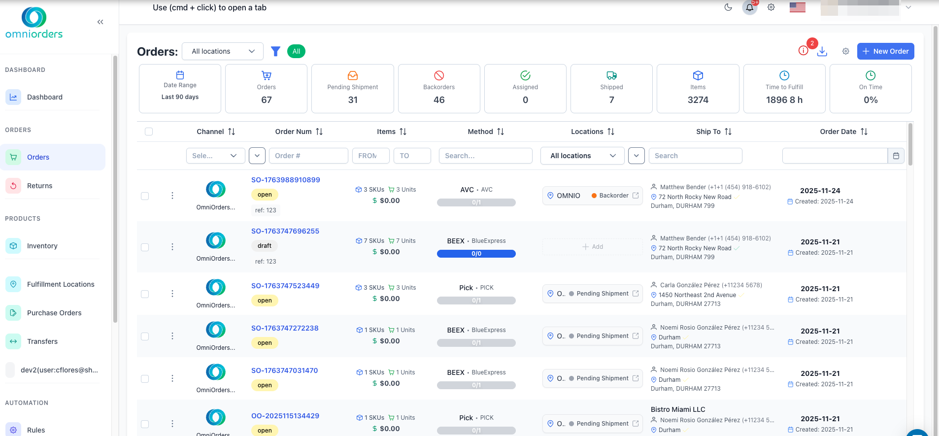 Orders Overview Page