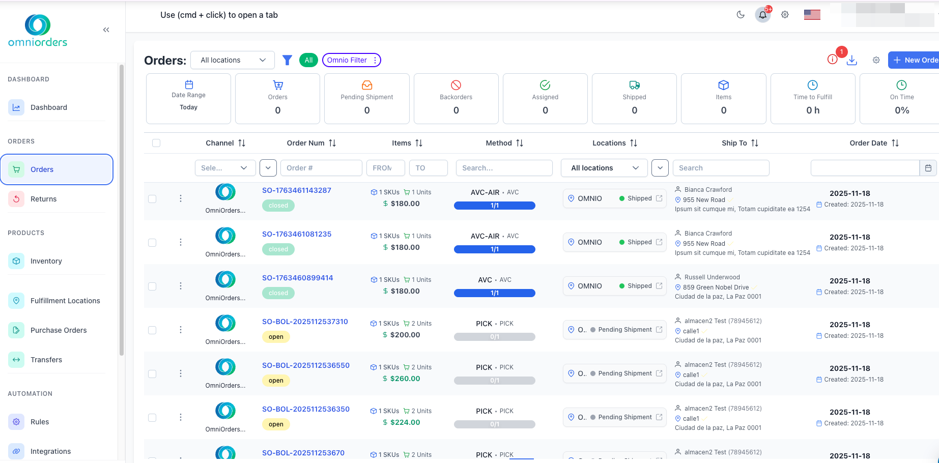 Orders Overview Page