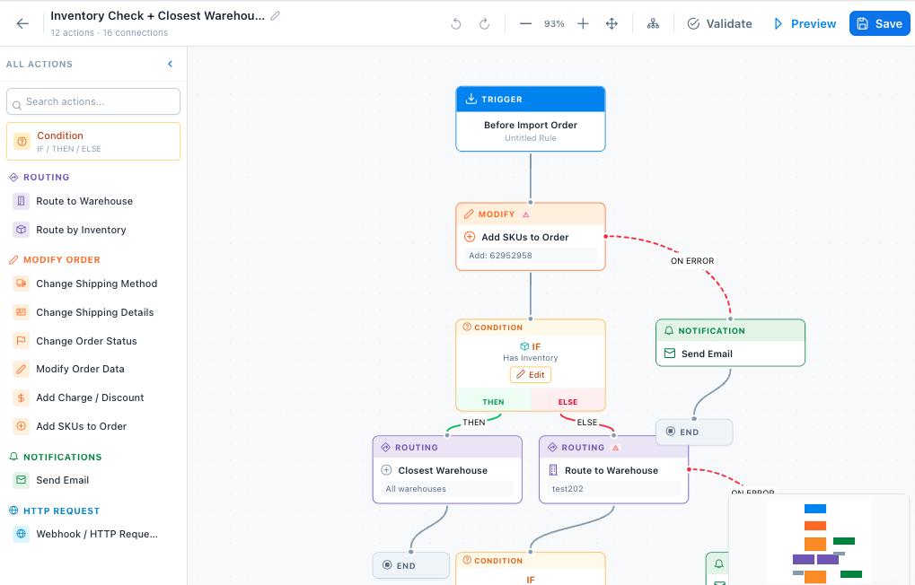 Flow Editor with action sidebar and visual flow canvas