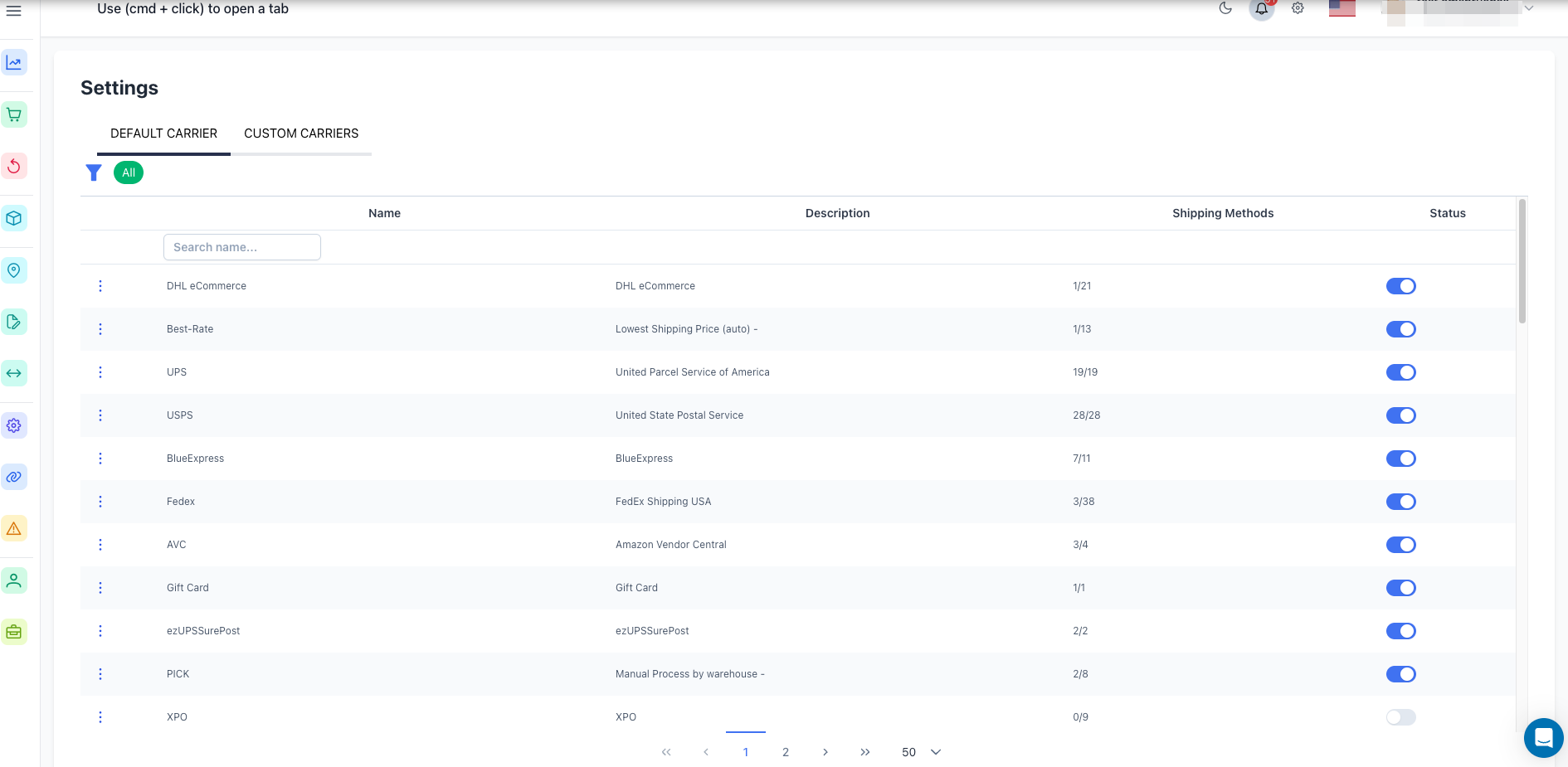 Default Carriers List