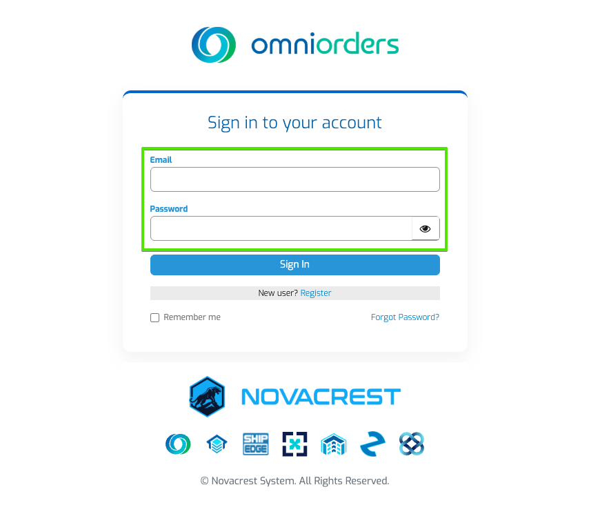 OmniOrders Login Page with Credentials Fields