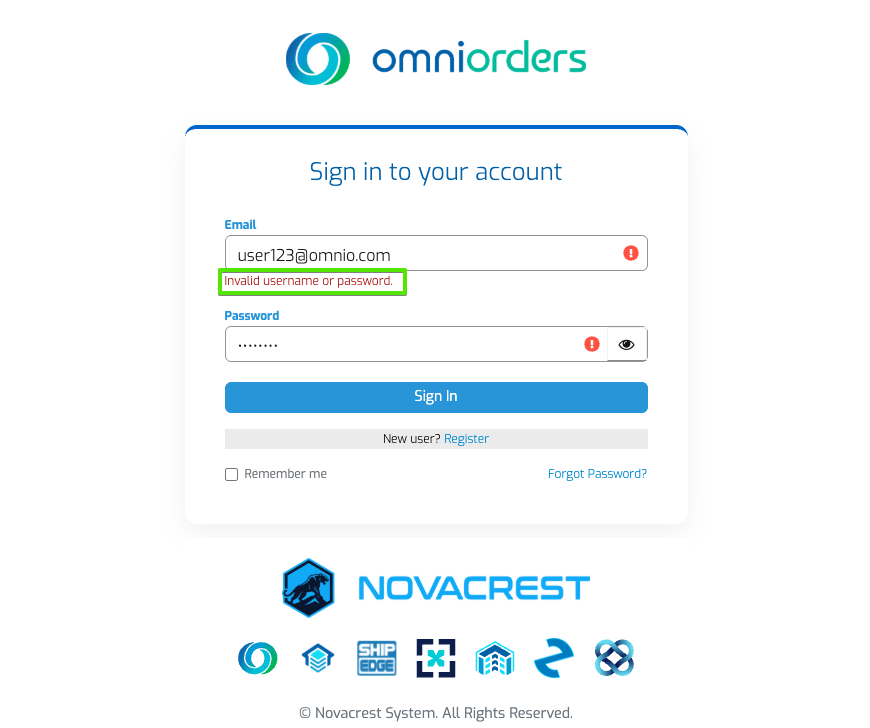 Invalid username or password message below login field